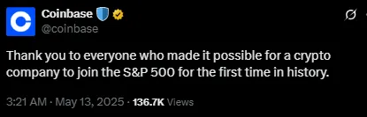 Coinbase S&P 500 announcement