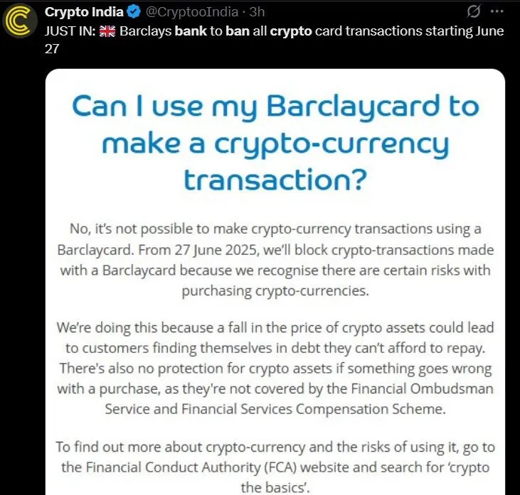 BARCLAYS Crypto Ban
