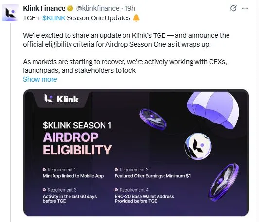 Klink Airdrop Listing Date