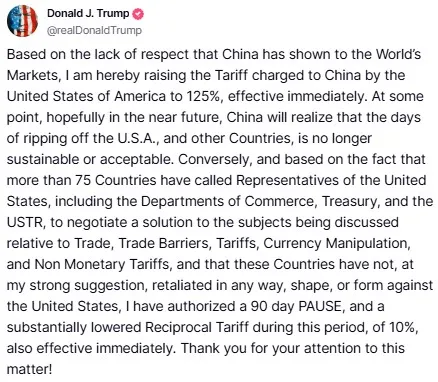 Trump 90 Days Tariff Pause announcement Trump 90 Days Tariff Pause announcement