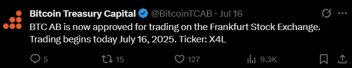 Bitcoin Treasury Capital Frankfurt Listing