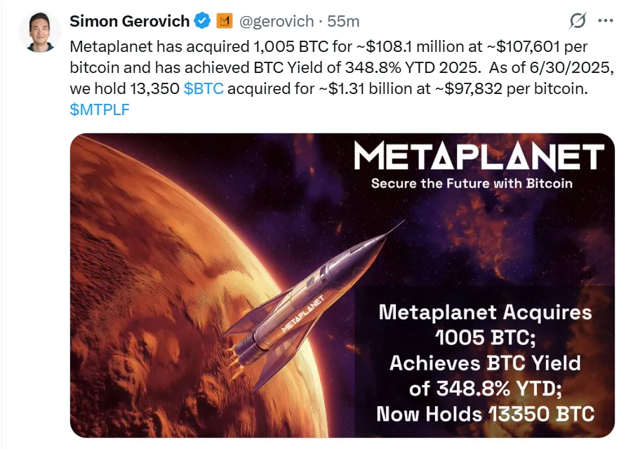 Metaplanet Buys 1005BTC, Drops 