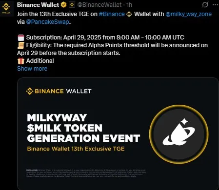 MilkyWay TGE on Binance Wallet