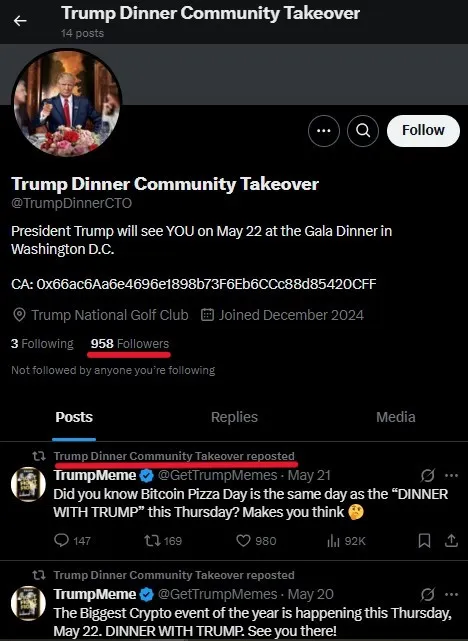 Trump Dinner Coin Twitter Account