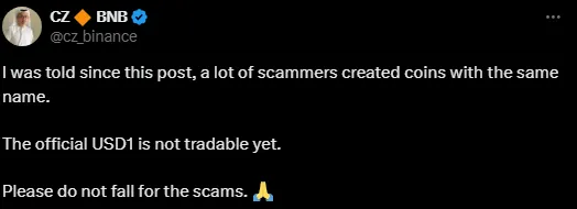 X post of binance founder 