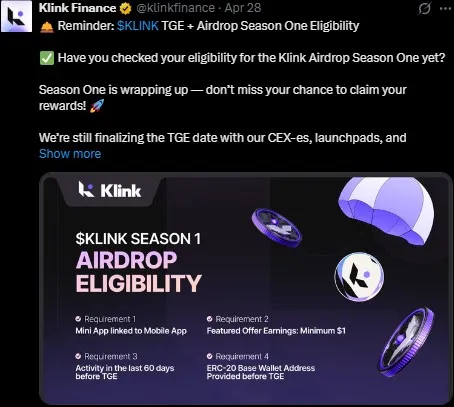 Klink Airdrop Listing and TGE