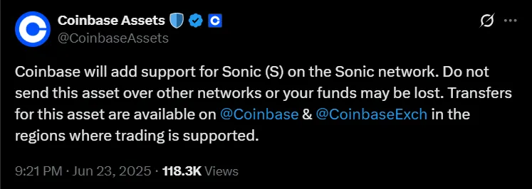 Sonic Coinbase Listing