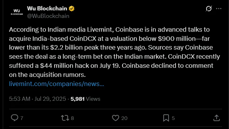 Coinbase could Aquire CoinDCX