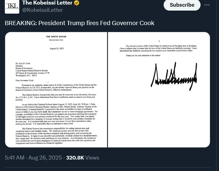 Trump Fires Lisa Cook