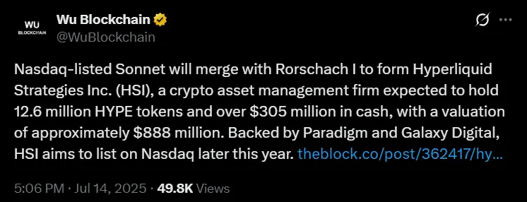 HYPE token price surge after Hyperliquid Sonnet merger