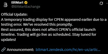 Bitmart announcement on testing 