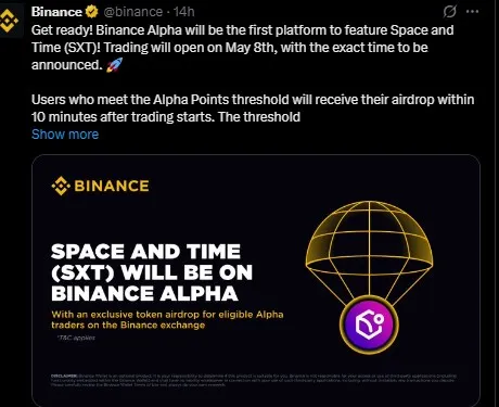 Space and Time Airdrop on Binance Alpha