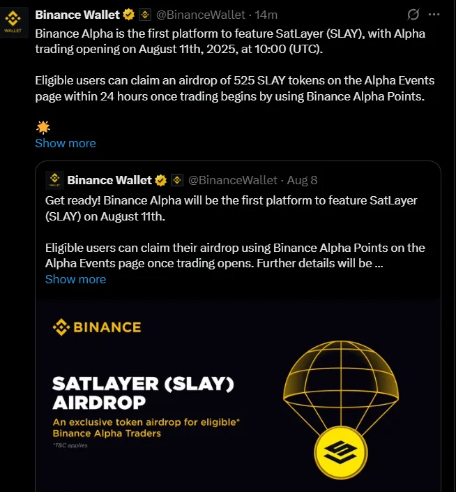 Binance Alpha SatLayer (SLAY) listing date today 