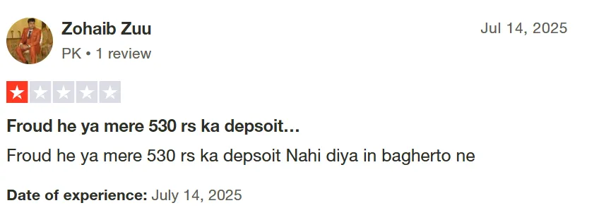 A player is giving B9 1 out of 5 star on Trsutpilot for keeping his deposits.