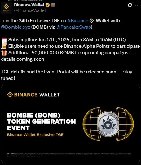Bombie listing on Binance