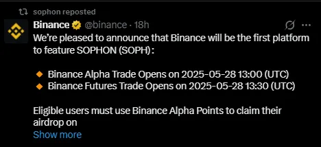Sophon airdrop and binance listing