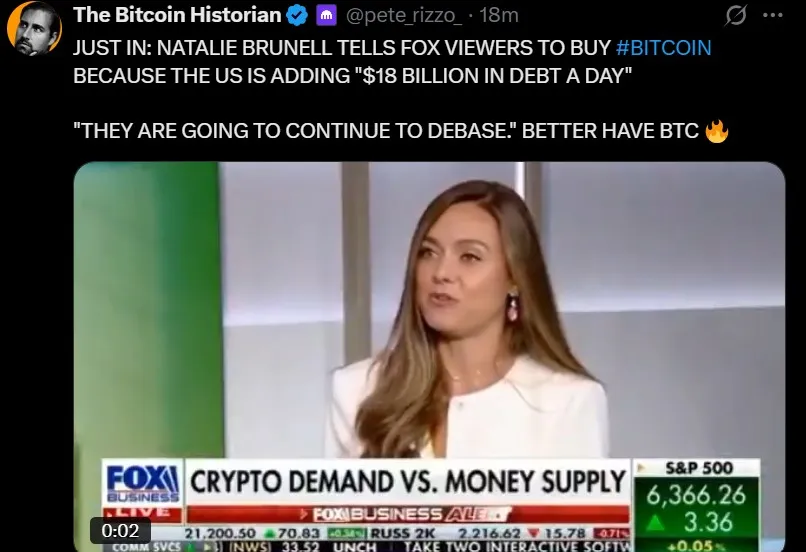 Natalie Brunell bitcoin news: $18B US Debt