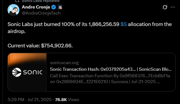 Sonic Labs Token Burn