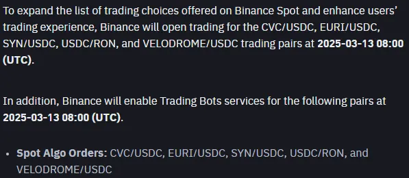 Binance Trading pair announcement