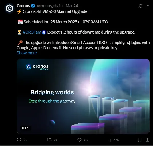 Cronos Upcoming zkEVM v26 Mainnet Upgrade