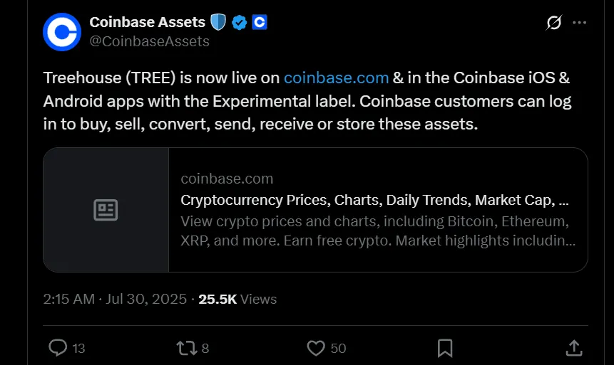 Coinbase listed TREE Coin Coinbase listed TREE Coin