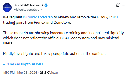 BlockDAG price prediction news as team asks CoinMarketCap to remove BDAG USDT pairs over pricing