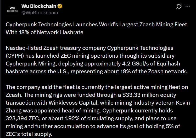 Cypherpunk Zcash Mining Fleet Now Controls