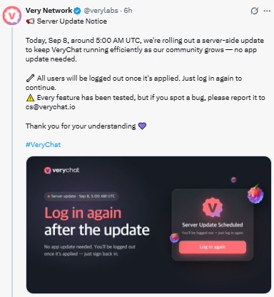 Very Network rolled out a server-side update on September 8
