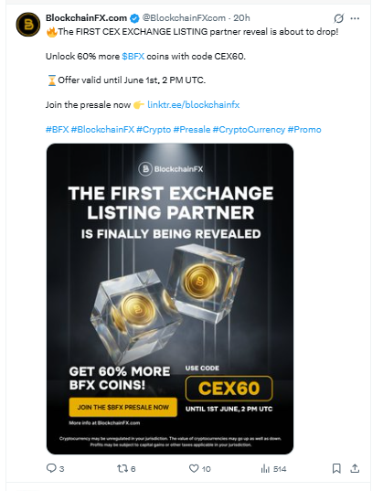 BlockchainFx Tweet about listing reveal BlockchainFx Tweet about listing reveal