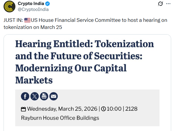 US House hearing on tokenization titled Modernizing Our Capital Markets.