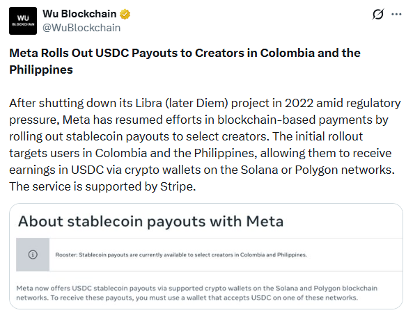 Meta USDC Payouts Land in Philippines, Colombia