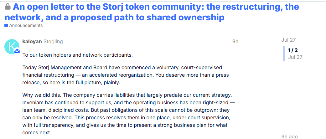 STORJ Announement