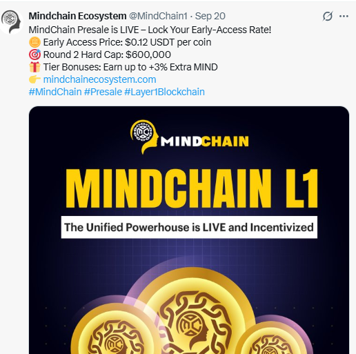Mindchain Presale graphic showing the $0.12 MIND sale Mindchain Presale graphic showing the $0.12 MIND sale