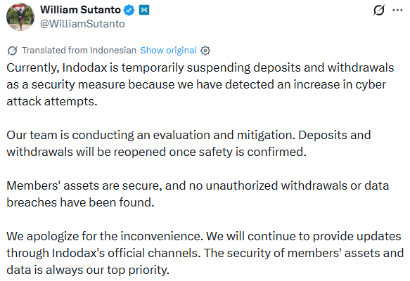 William Sutanto X post on Indodax withdrawal suspension and cyber attacks