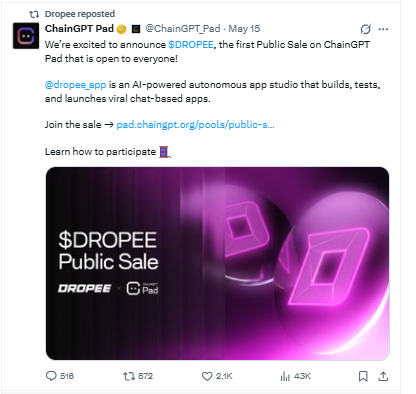 Dropee Public sale live on chainGPT pad