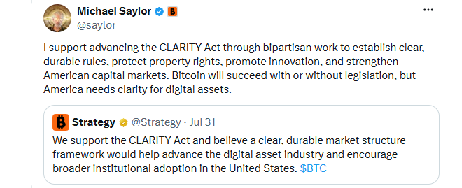 Saylor Says Bitcoin Does Not Need a Clarity Act