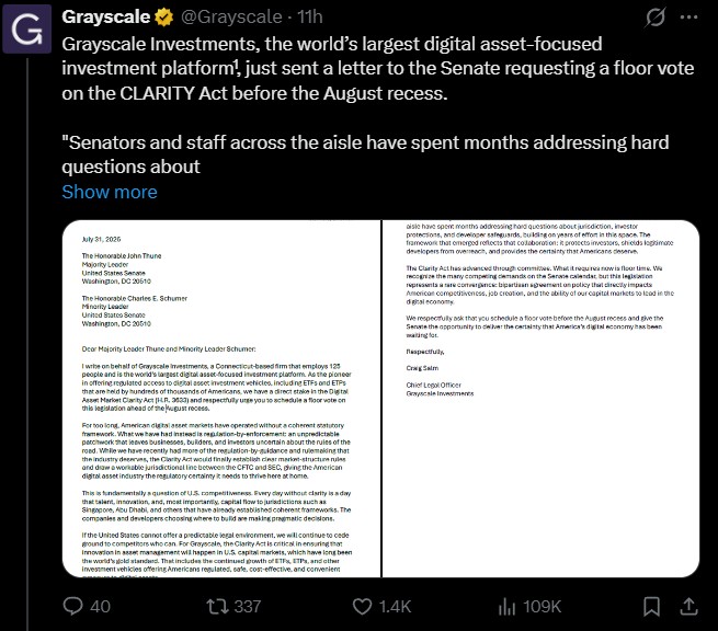 Grayscale Urges Senate Leaders to Hold CLARITY Act Vote Grayscale Urges Senate Leaders to Hold CLARITY Act Vote