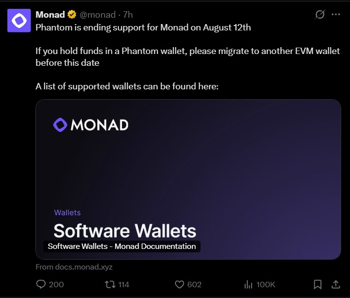 Phantom is ending support for Monad on August 12th