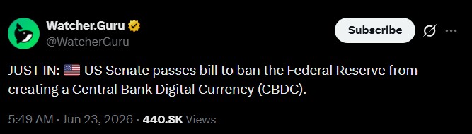 US Senate Votes 85–5 to Block Federal Reserve CBDC Until End of 2030