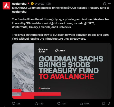 Avalanche News Today: Goldman Sachs Treasury Fund