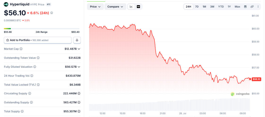 HYPE/USD price chart today CoinGecko