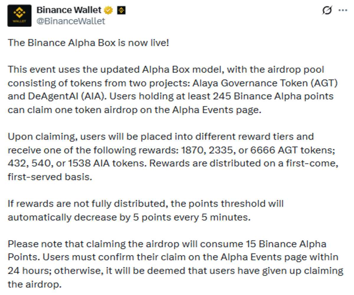 Binance Wallet official X post screenshot showing Alpha airdrop details Binance Wallet official X post screenshot showing Alpha airdrop details