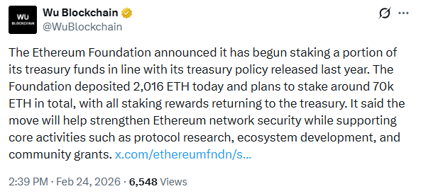 Ethereum Foundation Treasury Staking 70K ETH validator strategy