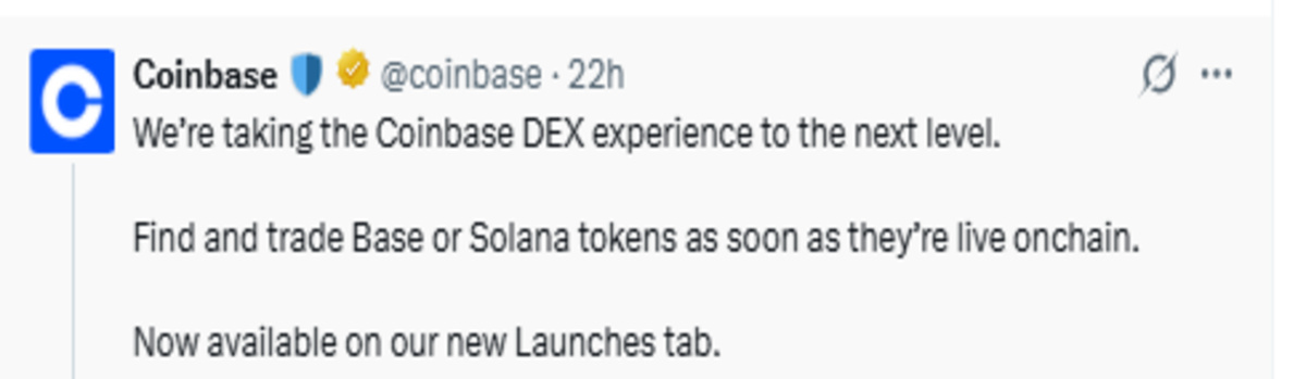 Coinbase official X post screenshot for DEX update
