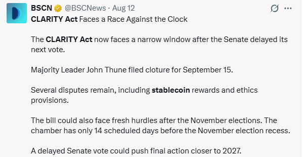 CLARITY Act news Senate stablecoin yield 