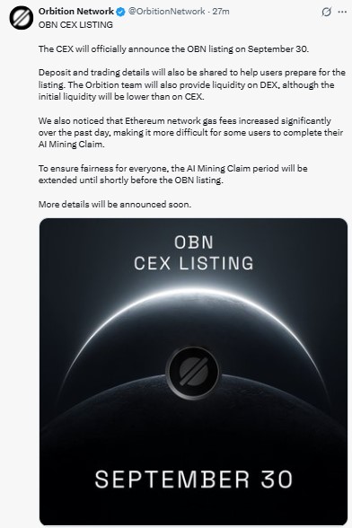The CEX will officially announce the OBN listing on September 30 The CEX will officially announce the OBN listing on September 30