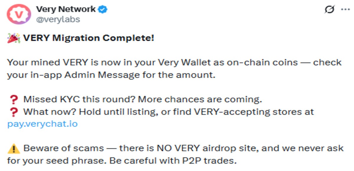Official Very network post showing migration update