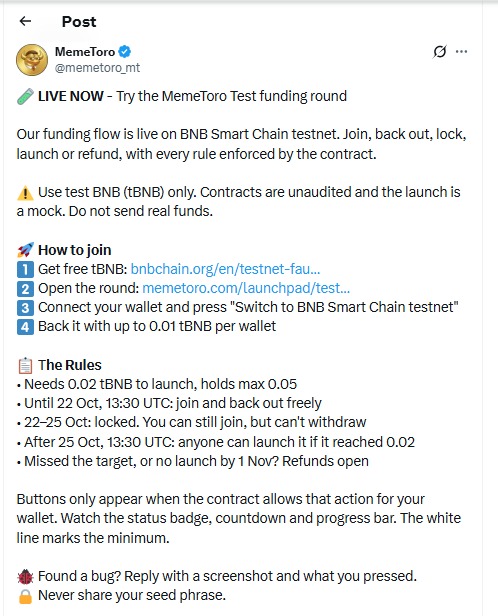 MemeToro Presale: October 2026 Testnet Update