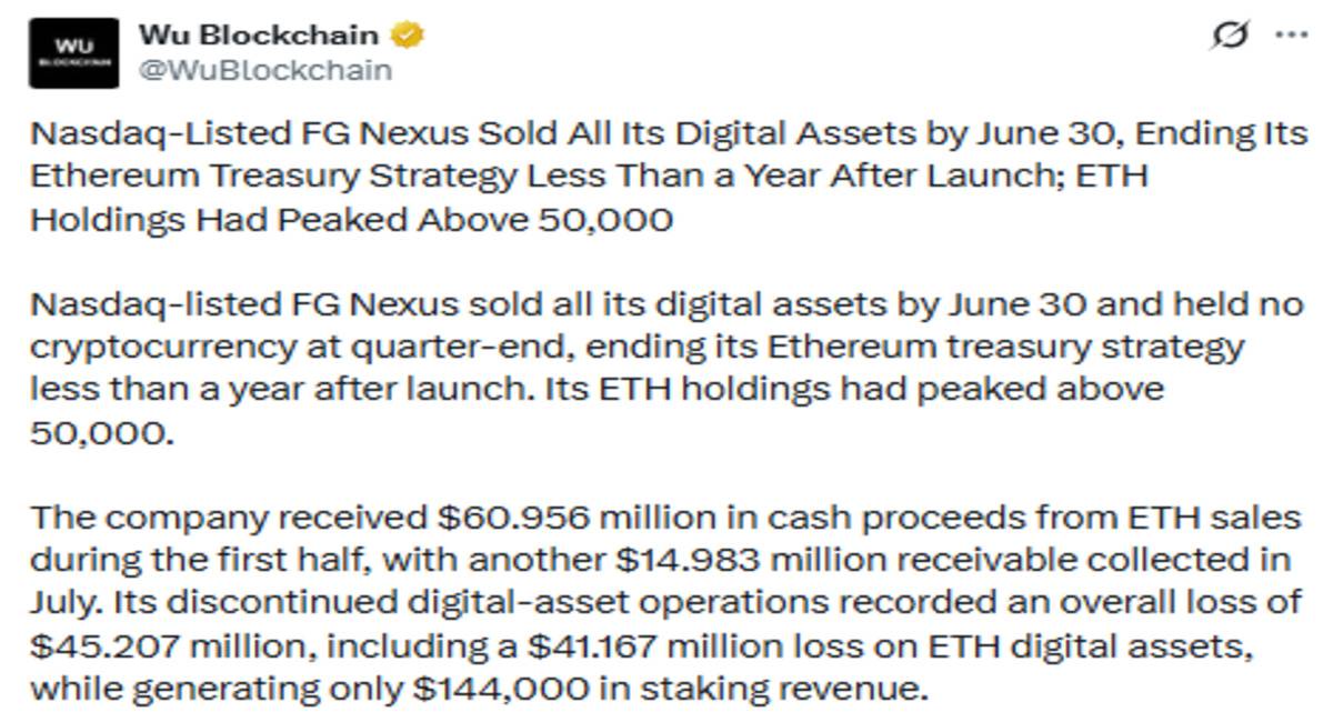 Wu Blockchain official X post showing ETH details