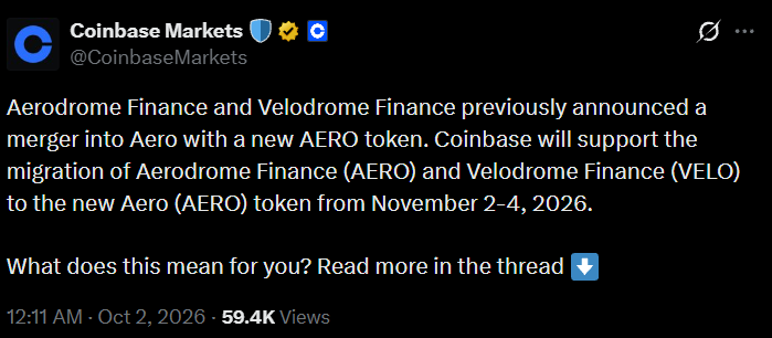 Coinbase AERO and VELO Token Migration Coinbase AERO and VELO Token Migration